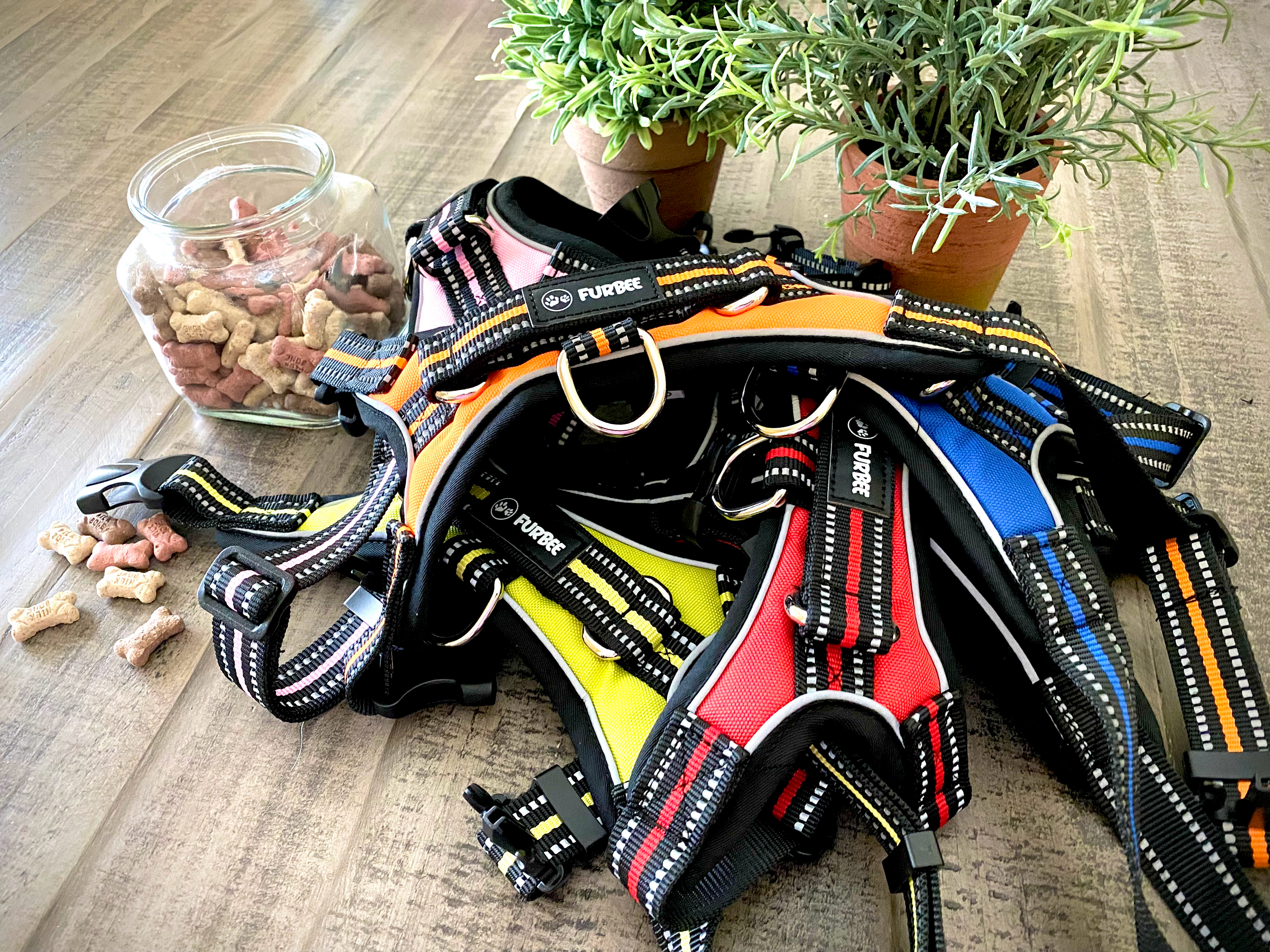 Furbee Pets dog harness stack of different colors. Best dog harness easy on and off no pull reflective dog harness fits all breeds.
